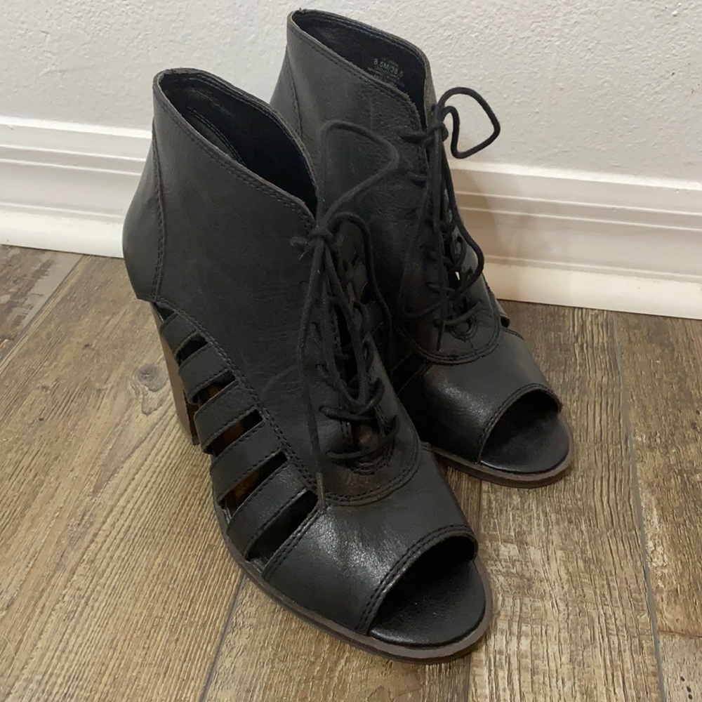 Genuine Leather lucky brand women’s 8 1/2 black peep toe booties Lace up